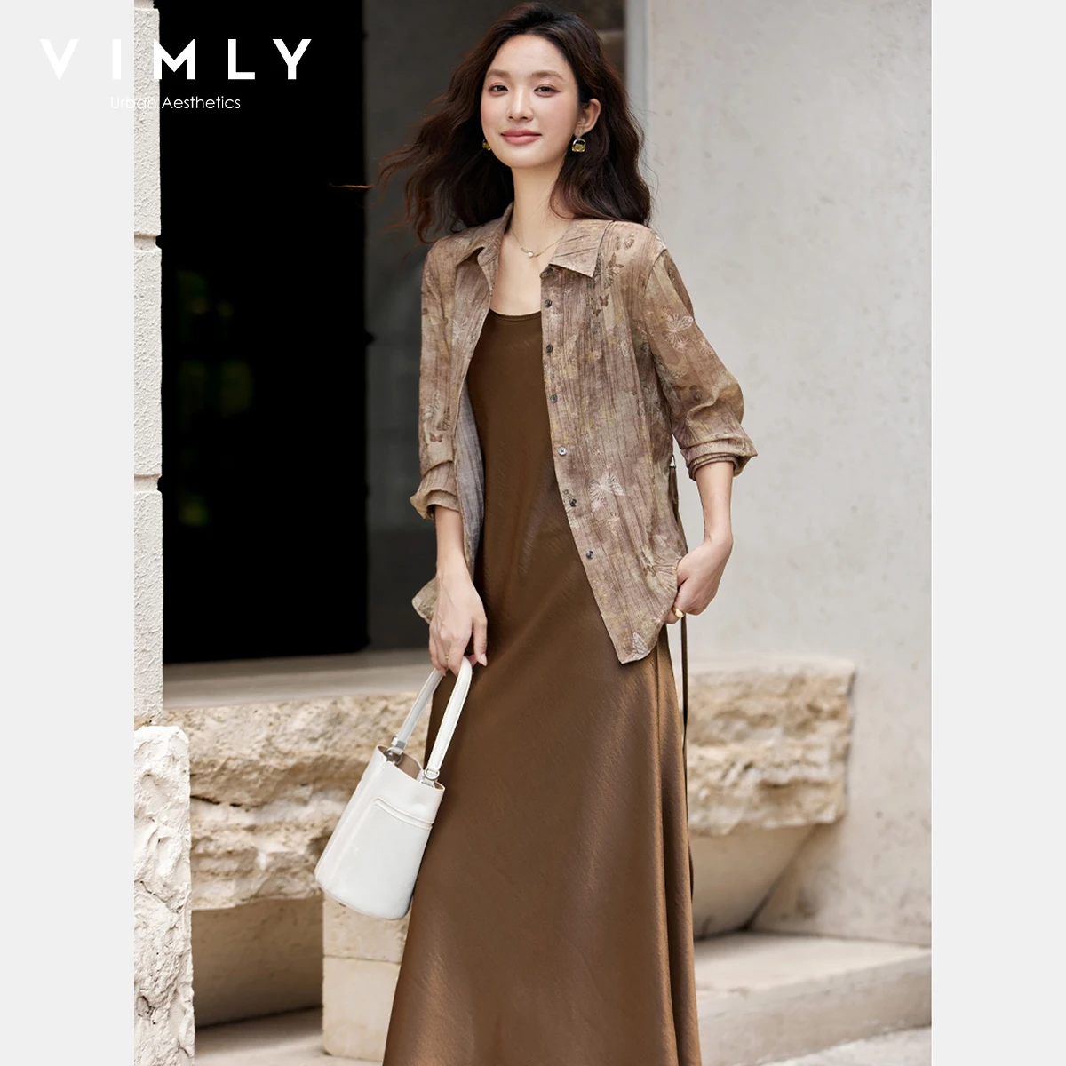 

VIMLY Women's Two-piece Dress Vintage Butterfly Print Belted Shirt Satin Slip Midi Dress Casual Ladies Dress Set Fall 2025 A2892