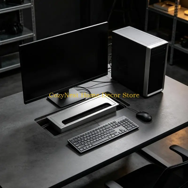 92MF Conference Table Cable Box Aluminum Desk Cover with Brush Opening for Office Desks and Home Desk Cord Routing Areas