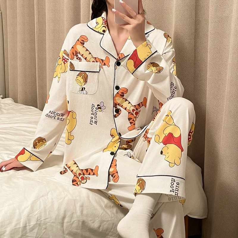 Disney Winnie the Pooh cotton pajamas autumn and autumn new cartoon long-sleeved loose with chest pad women\'s pajamas loungewear