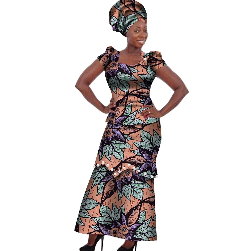 Women Dress Traditional African Traditional 2 Pieces Women Set Clothing Custom Made Tops and Skirts Peals Party Clothing WY182