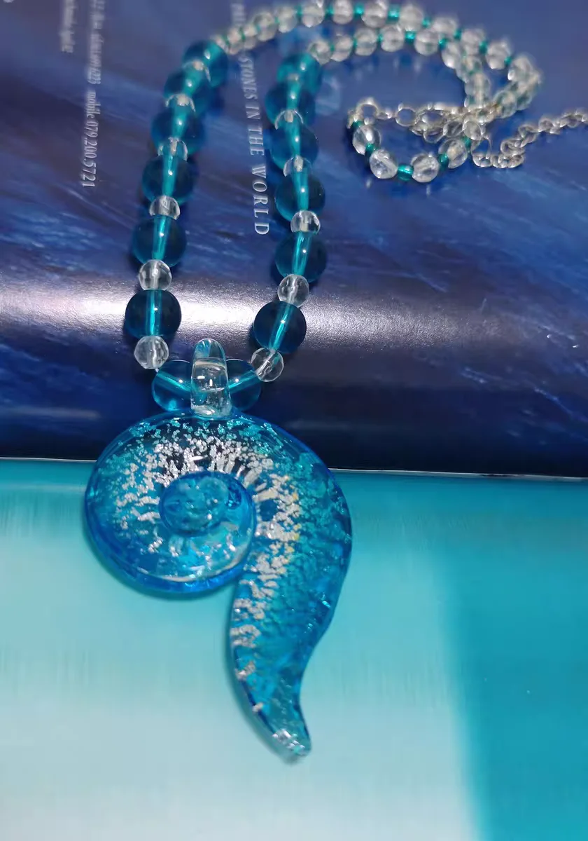 New Vintage Handmade Murano Lampwork Glass Blue Conch Liuli Pendant With Beads Chain   Necklace Jewelry