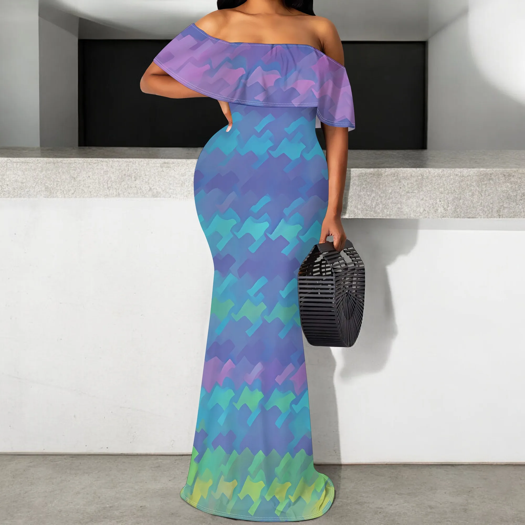 

Women's Geometric Print Off Shoulder Maxi Dress Summer Fishtail Party Gown S-3XL