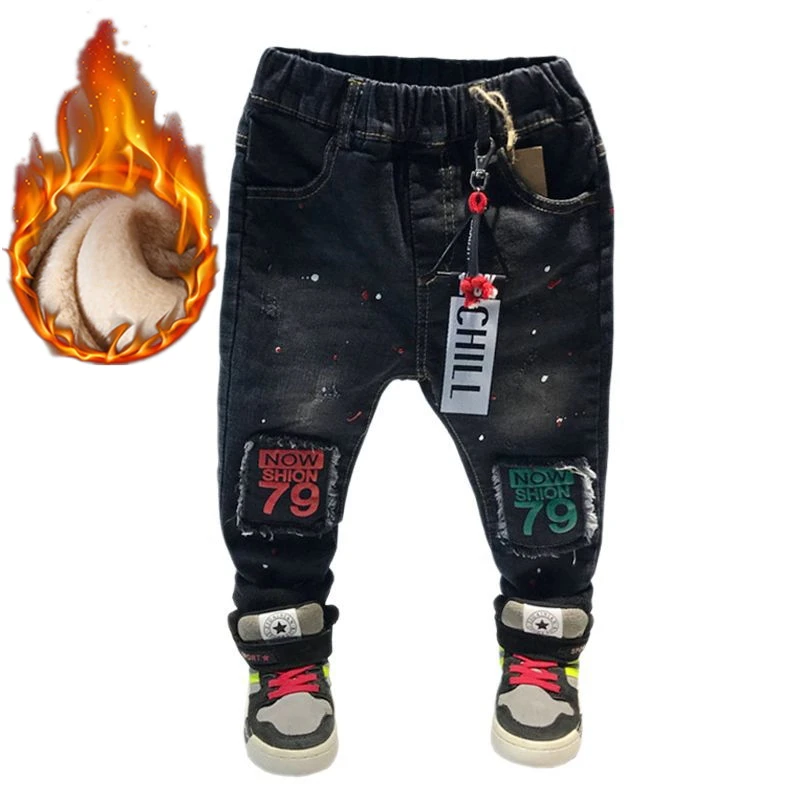 Herbst/Winter Kinder Fleece-gefütterte Denim Jeans Casual Patch Plus Samt Warme Hosen Für Jungen Mädchen 2-6 jahre