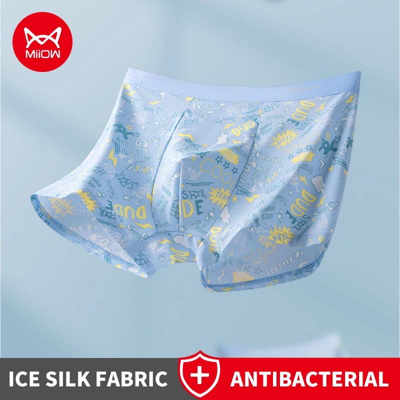 MiiOW 3Pcs Ice Silk Men Boxershorts 10A Grade Antibacterial Crotch Man Underpants Funny Cartoon Printed Men's Underwear Panties