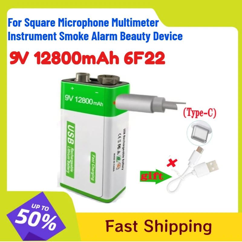 

9V 12800mAh 6F22 Lithium Battery for Square Microphone Multimeter Instrument Smoke Alarm Beauty Device Rechargeable Battery
