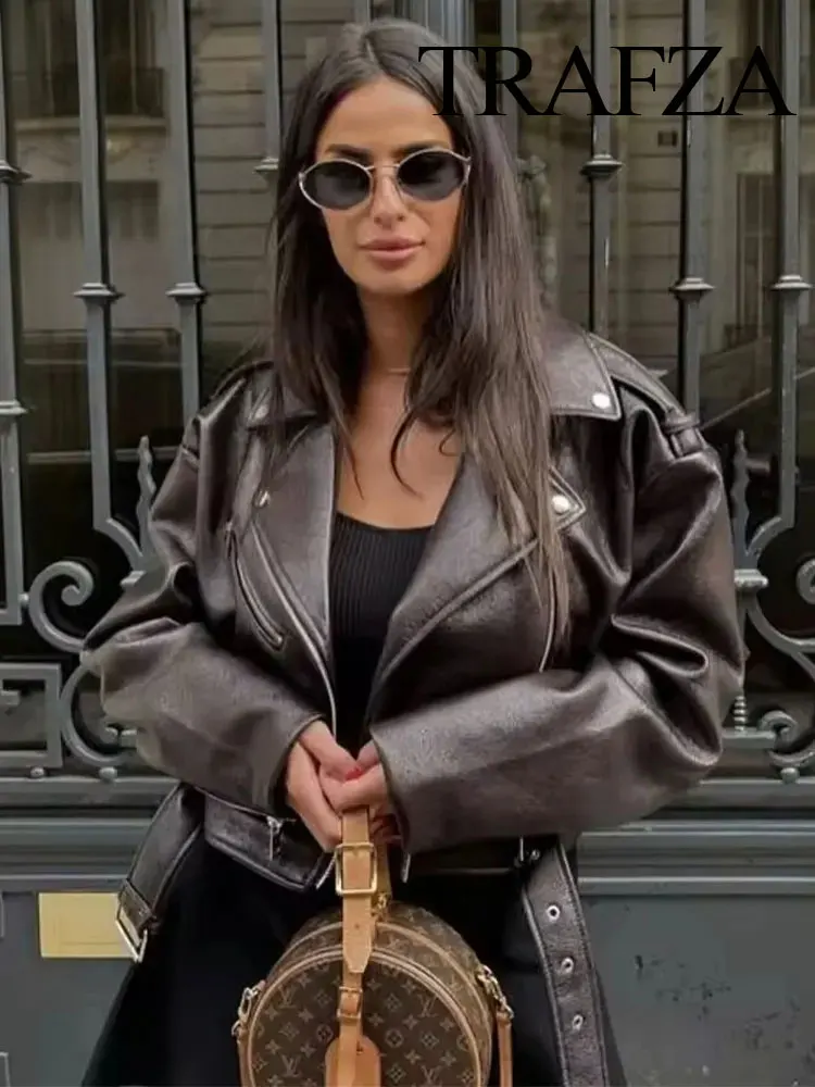 

TRAFZA Female Belt Chic Versatile Streetwear Woman Outwear Vintage Women's Leather Jacket Lapel Long Sleeves Zipper Bomber Coat