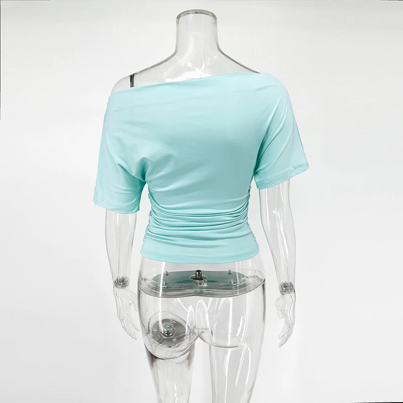 Tornova 2026 Sommer Gerafftes T-Shirt für Damen – Heißes schulterfreies Slim-Top für Club-Partys, sexy Kurzarm-Oberteil, einfarbig, Y2K-Stil – Detail 5