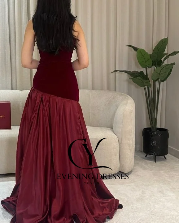 CUYUN عنابي بدون حمالات ثوب مسائي المملكة العربية السعودية المخملية والتفتا فساتين لحضور الحفلات الموسيقية الطويلة مخصصة شبه حورية البحر ثوب الحفلات #2