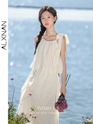 ALXNAN Beach Style Summer Long Dress Women 2024 Lace Trim Slash Neck Adjustable Tie A Line Cami Dresses Woman Clothing L33678