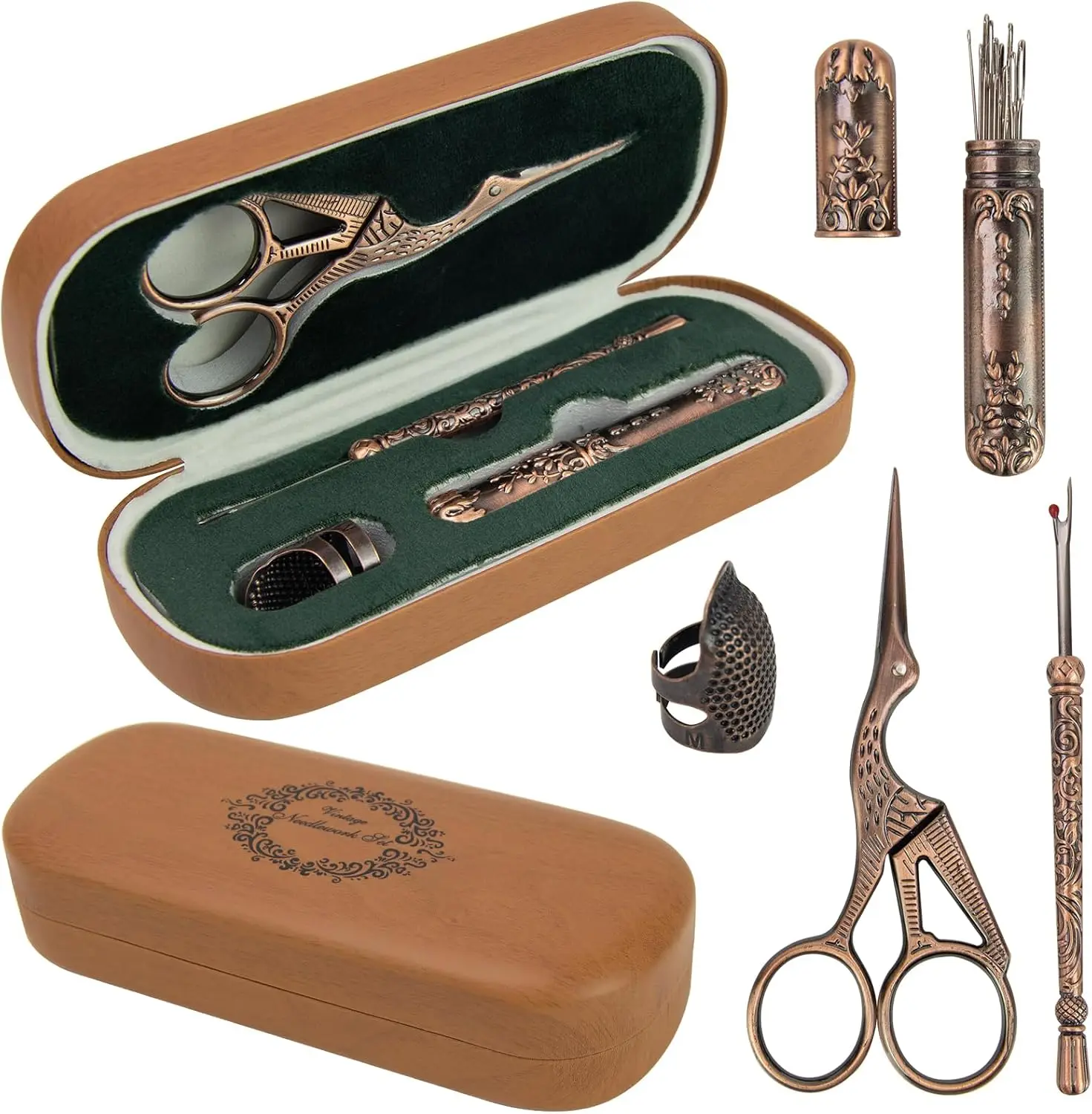 

Vintage Embroidery Scissors Kit with Crane Stork Shear, Antique Seam Ripper, European Thimbles for Sewing Knitting Cross Stitch