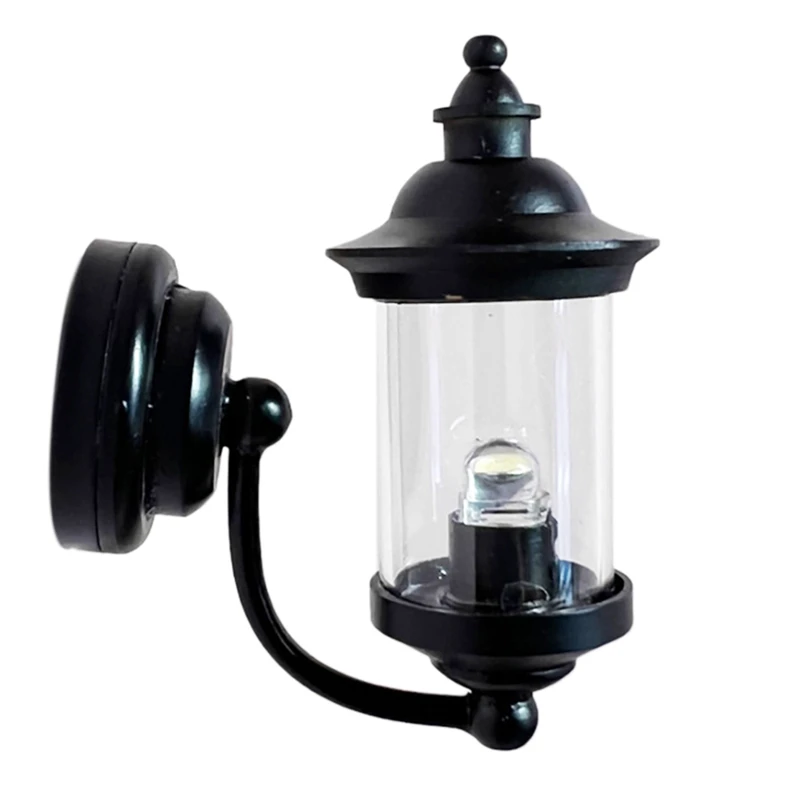 1/12 Scale Dollhouse Accessories Miniature LED Wall Sconce Lamp, Outdoor Lantern Black Wall Light,Battery Operated