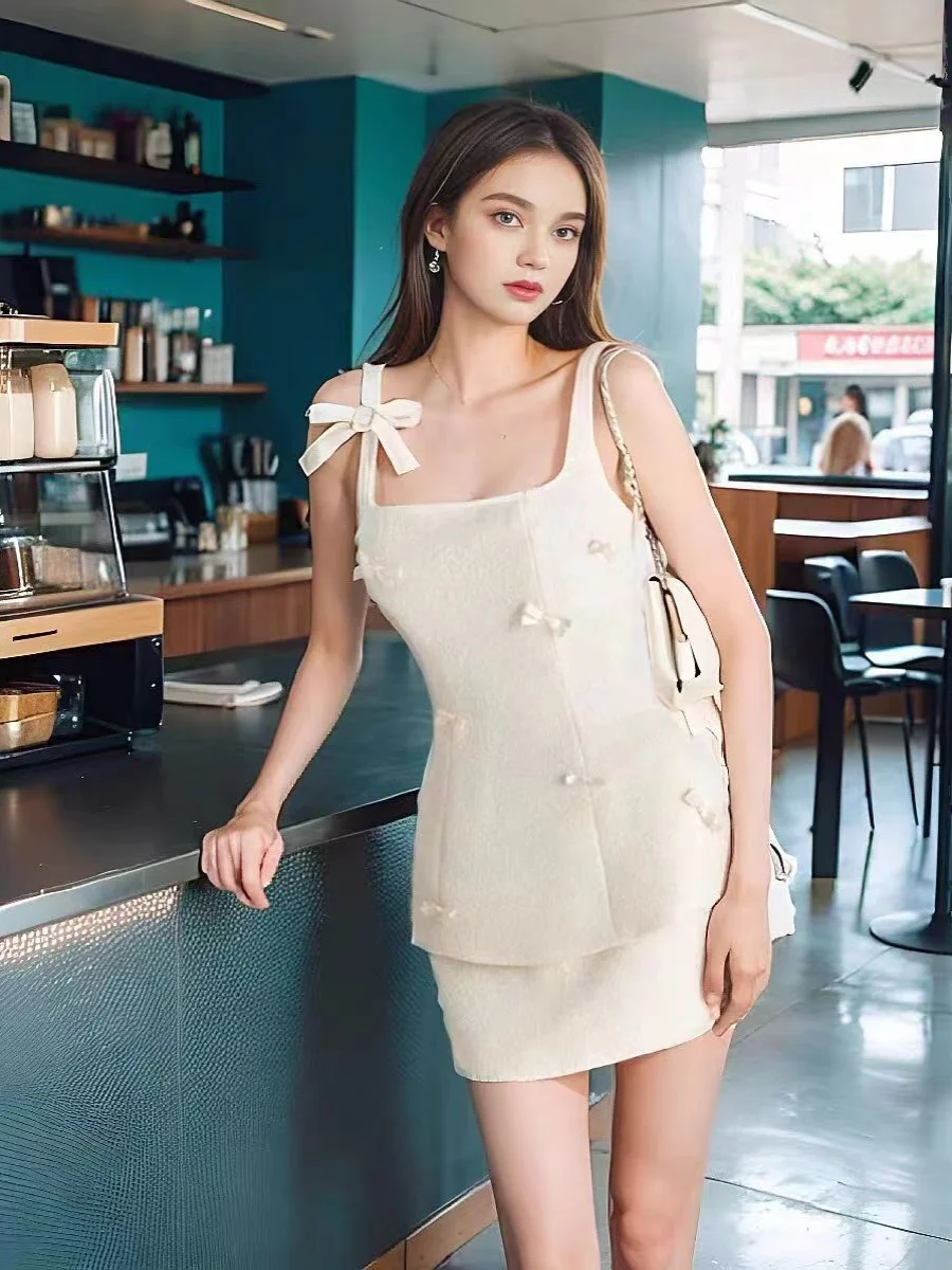 2024 Summer French Commuter Suit women\'s New High Quality Bow Spliced Slim-Fit Vest Top + gonna a-line Retro Sweet Set da 2 pezzi