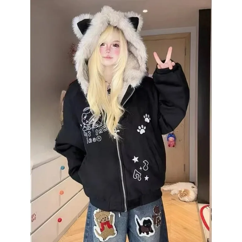 

Casual Embroidered Plush Thick Jacket Women Autumn Winter Loose Casual Warm Padded Coat with Cat Ear Hood Cute Trendy Outerwear