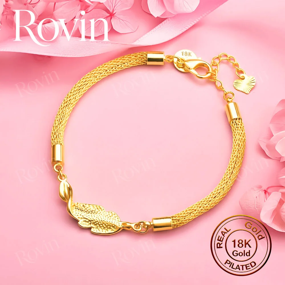 18K Gold 8-inch Delicate Mesh Woven Leaf Bracelet for Women, Fashionable Wedding Party Jewelry