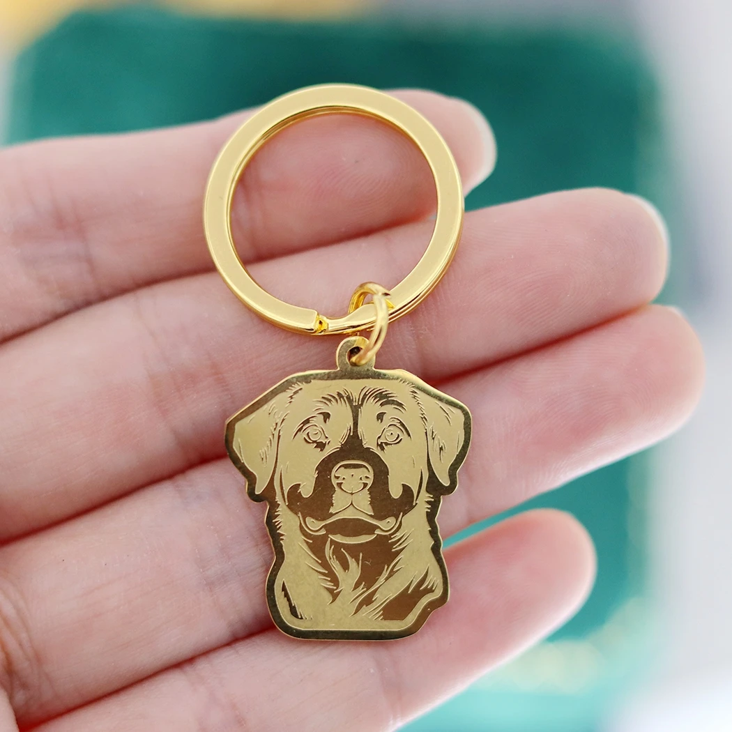 No Fade Gold Plated Rottweiler Dog Keychain Stainless Steel Pendant Waterproof Metal Accessories Cartoon Pet Jewelry Kids Gifts