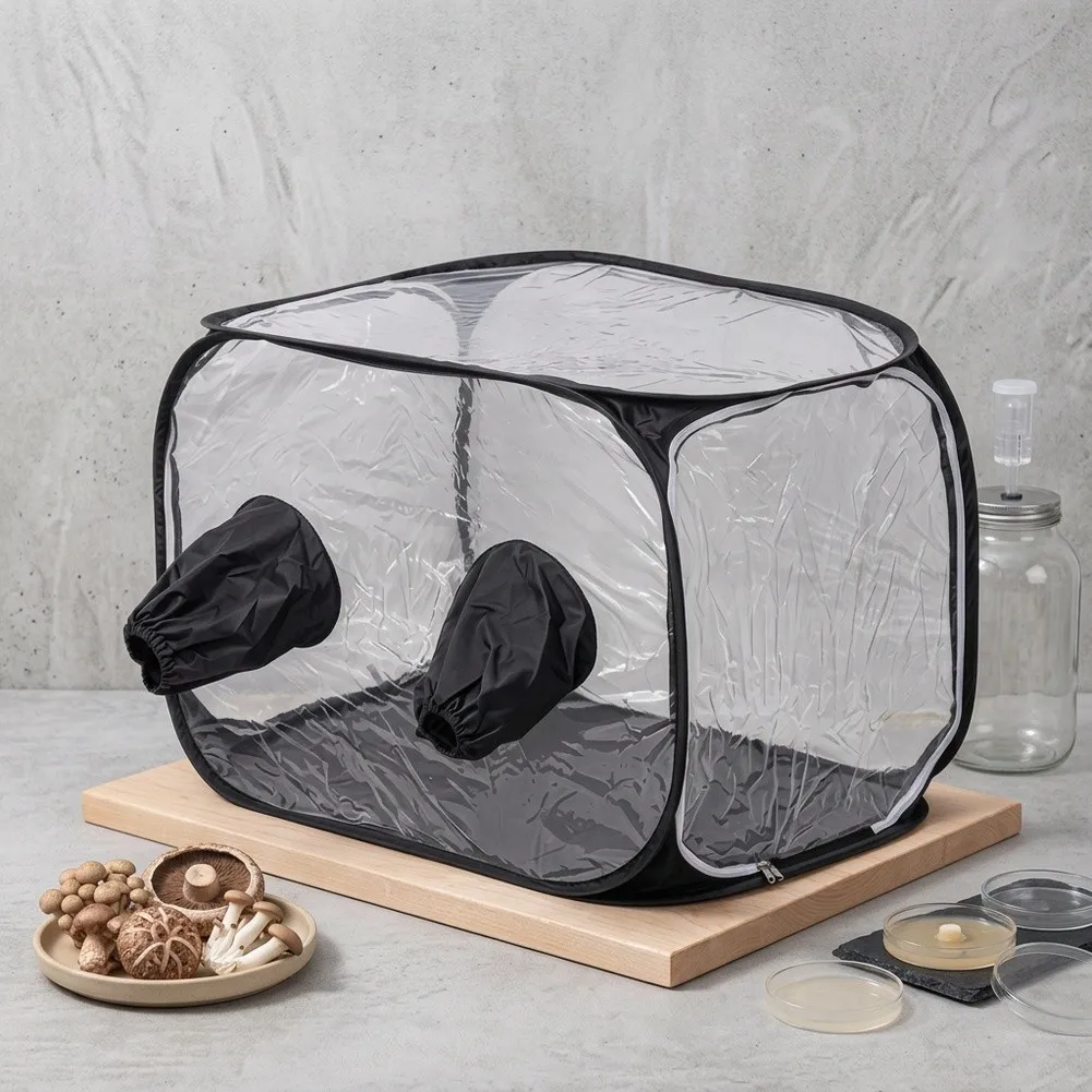 Clear PVC Mushroom Still Air Box Built for Clean Room Style Cultivation with Sealed Arm Openings and Foldable Storage Design