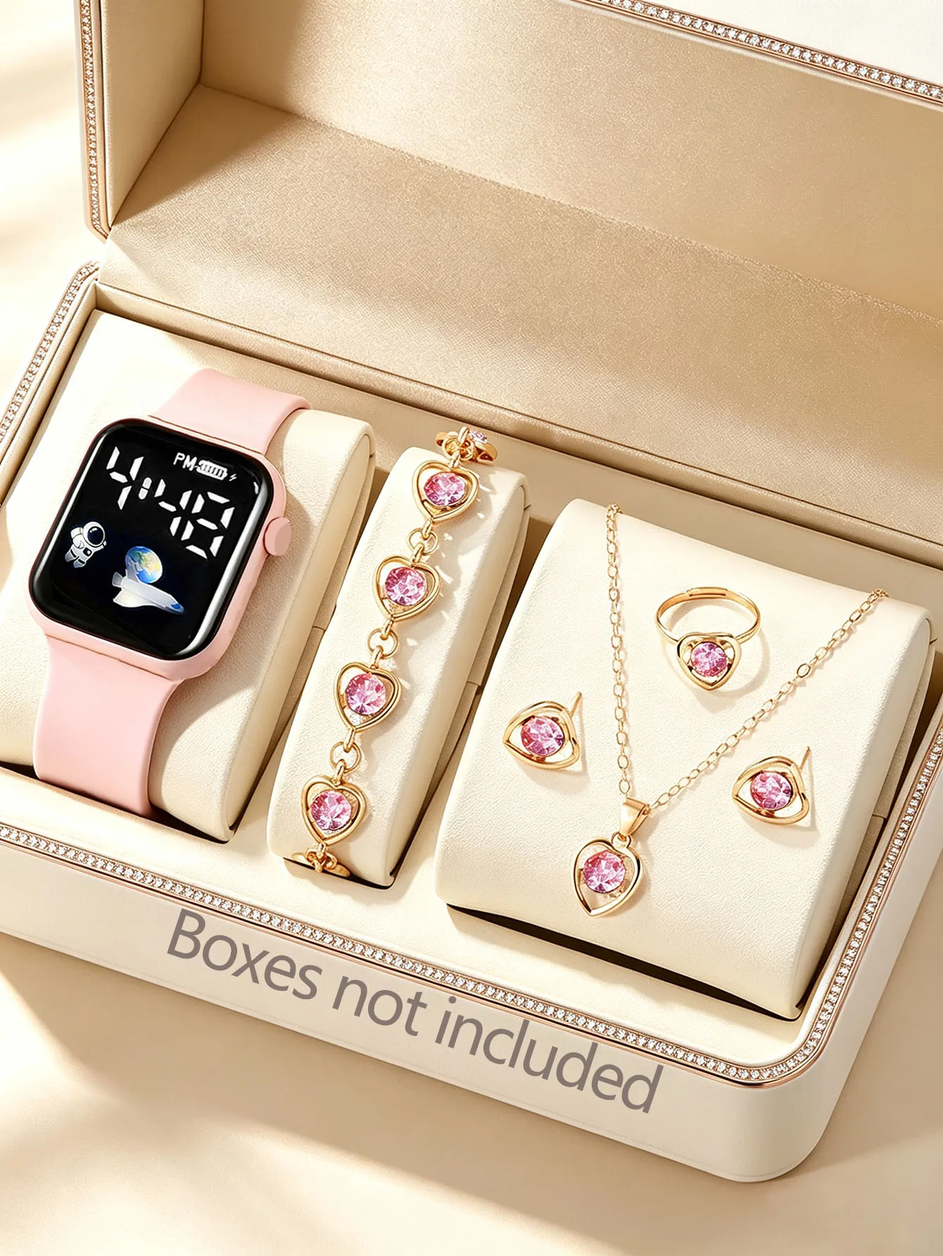 Silicone Square LED Electronic Watch with Heart-Shaped Embedded Jewelry Set Festive Gift Idea for Fashion Lovers