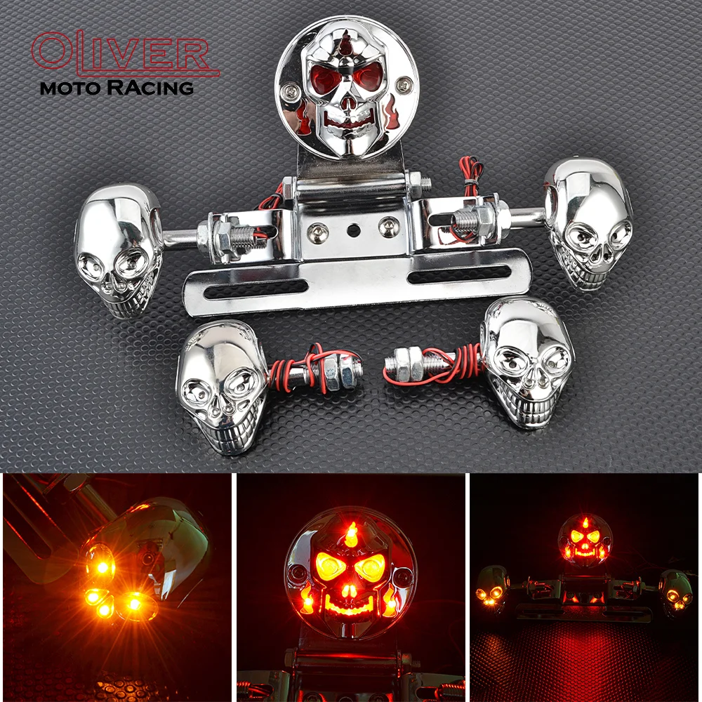 Motorcycle Skull Tail Light With License Plate Bracket Holder Turn Signals Indicators For Harley Honda Cafe Racer Custom Bobber