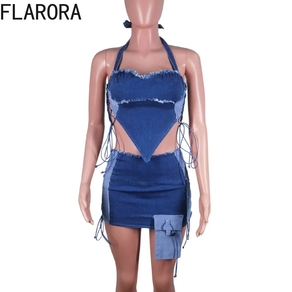 FLARORA Fashion Denim Hollow Lace Up Mini Skirts Two Pieces Set Women Strapless Crops Top and Side Bandage Skirts Cowboy Outfits