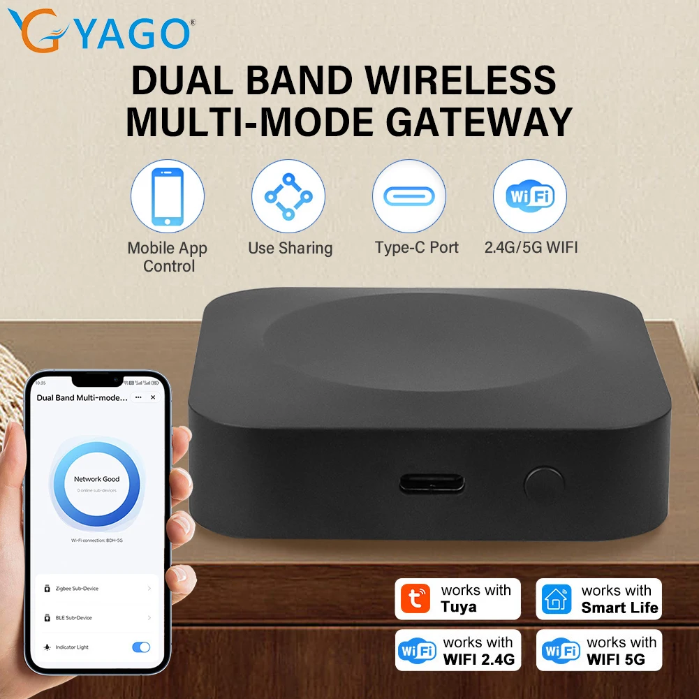 YAGO Smart Gateway Hub Dual Band 2.4G 5G WiFi Wireless Multi-mode Smart Life Bluetooth Zigbee 3.0 Bridge Type-C Remote Control