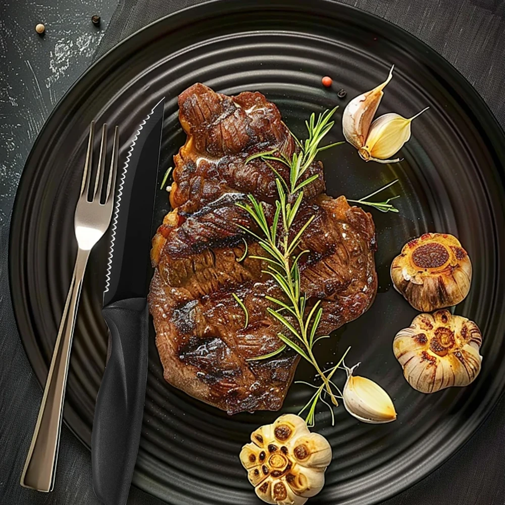 الراقية 1/2/4/6/8 سكين المطبخ الأسود بارد ستيك طقم السكاكين الفولاذ المقاوم للصدأ PP مقبض بلاستيكي سكين مسنن يمكن غسالة الصحون #2