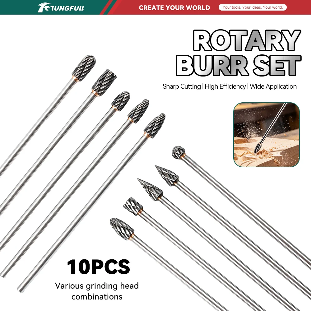 10Pcs Tungsten Carbide Rotary Burr Set, Double Cut Rotary File Bits with Dremel Shank for Metal Wood Carving Polishing