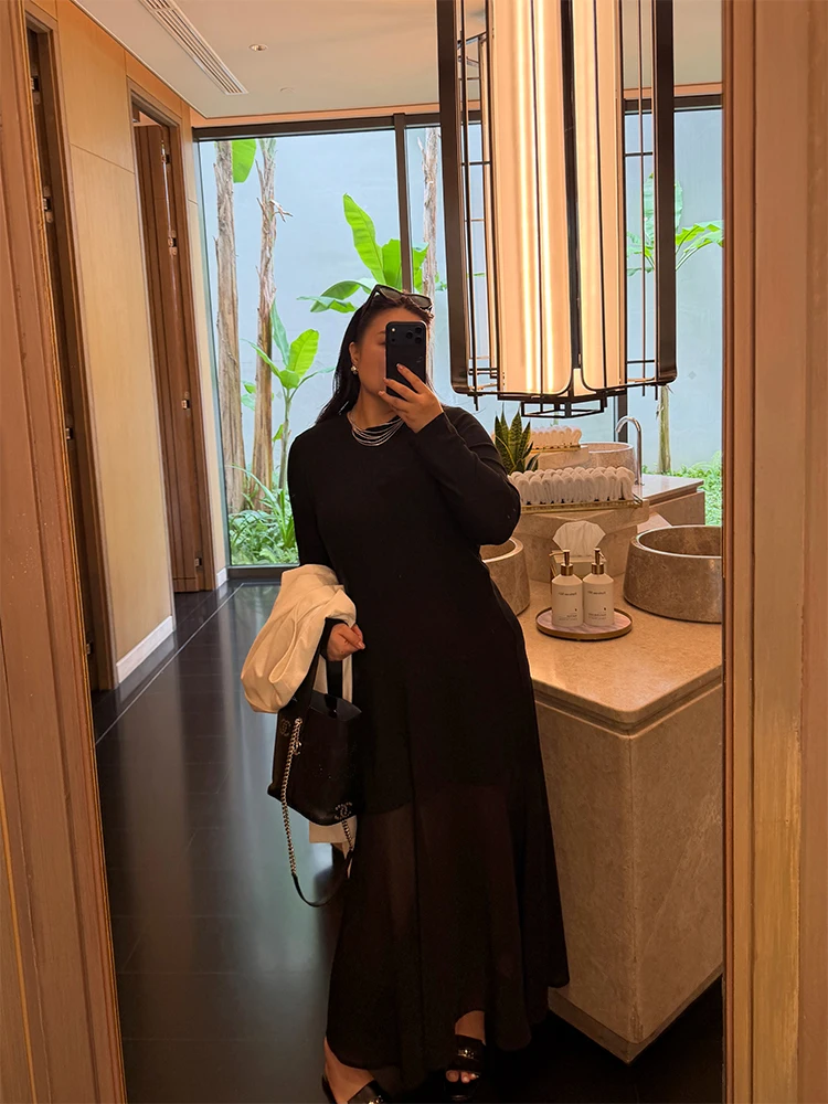 

Elegant Long Sleeve Long Dress Simple Style Mesh Hemline Maxi Dress for plus Size Women Casual Spring Summer round Neck Dress
