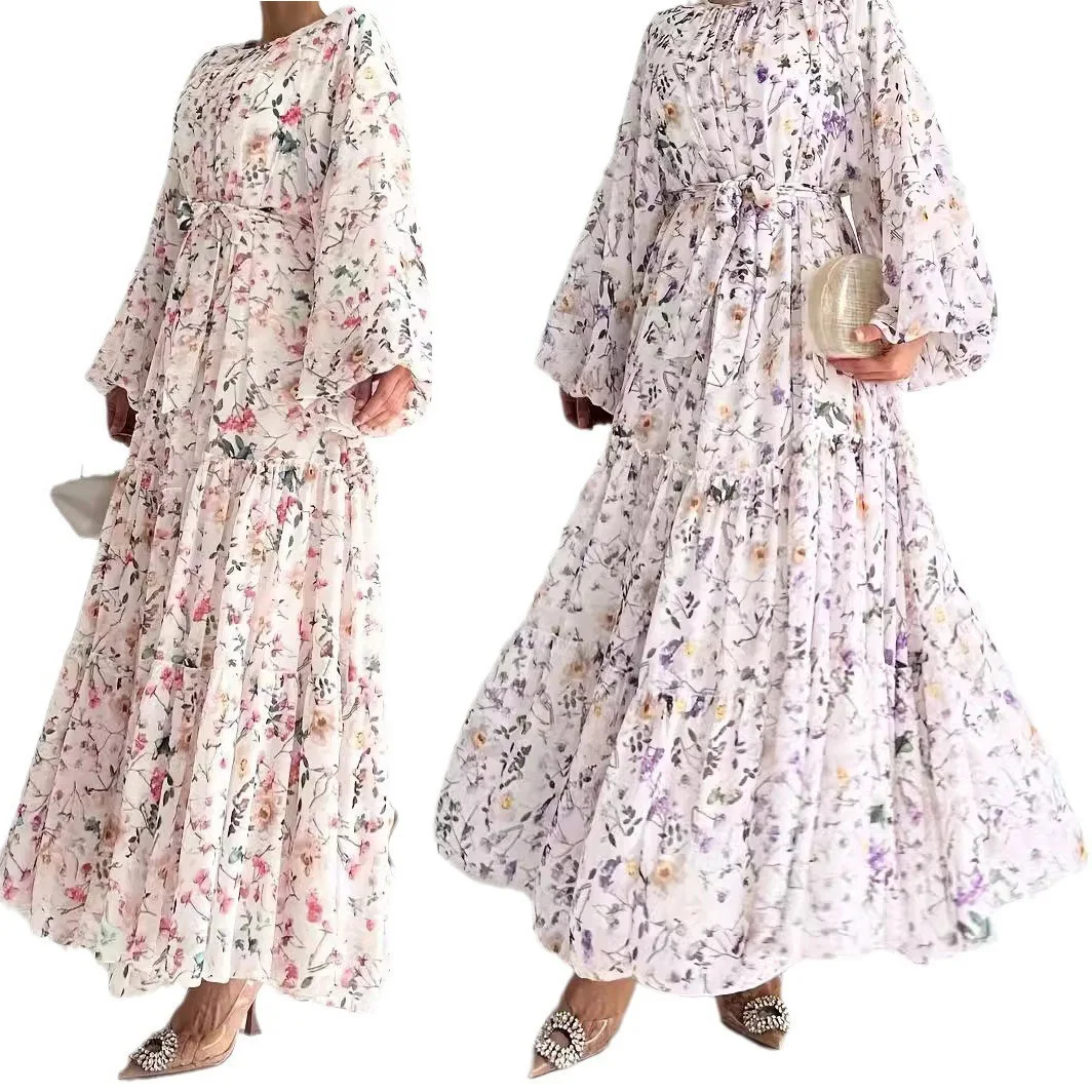 

Muslim Women's Dress Casual Fashion Middle Eastern Chiffon Round Neck Tie-Dye with Belt Long Temperament Elegant Arab Dress