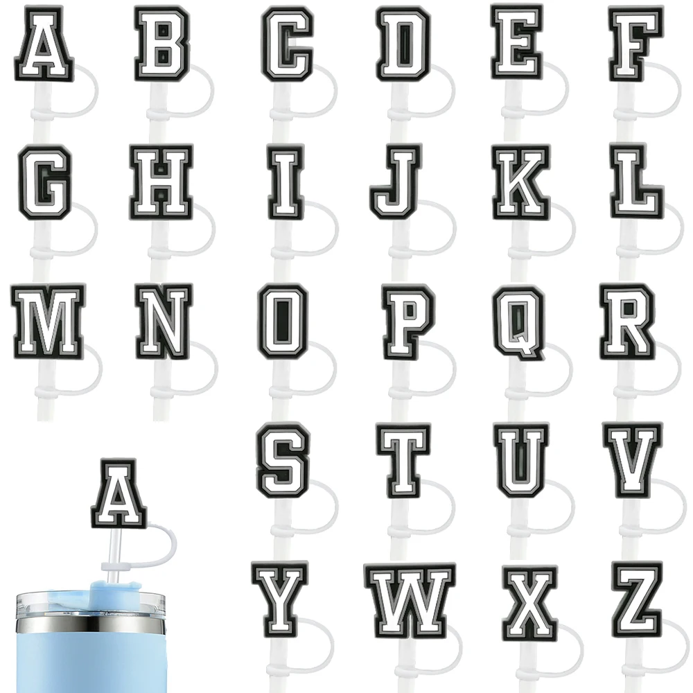 

1-26PCS Black White Letter Silicone Straw Cover Cap ,10mmStraw Toppers Tips for 30&40 Oz Reusable DustproofPendant