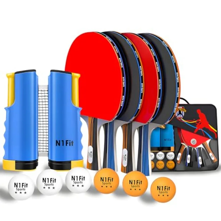 

Ping Pong Paddle Set - 4 Professional Rackets, Retractable Net, 6 Pig Pong Balls, Carry Case - Indoor and Outdoor Table Tennis