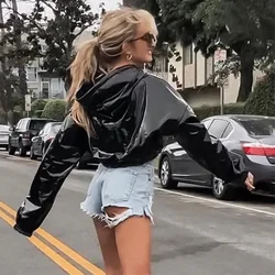 Ladies Sleek and Shiny Slim-fit Street Casual Wear 2023 New Spring Fashion Jacket PU Leather Shiny Hoodie maglione da donna corto