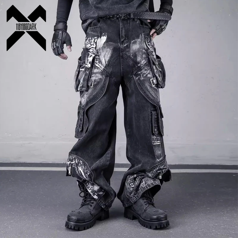 Unisex Graffiti Dirty Jeans Grunge Hip Hop Multi-Pocket Wide Leg Cargo Pants Men's Washed Distressed Denim Trousers