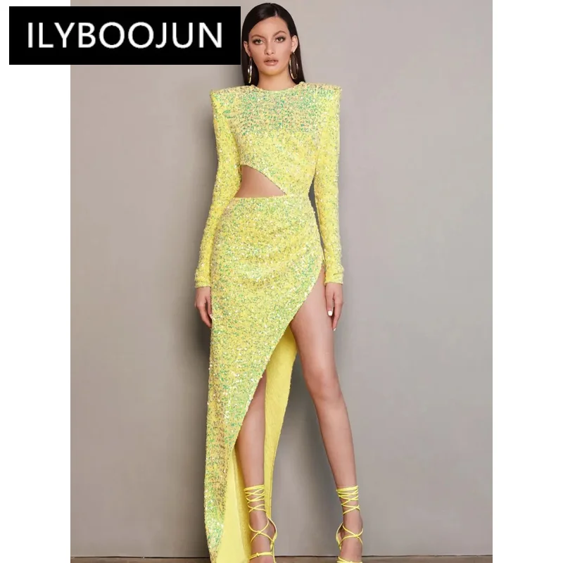 

New Women Sexy Designer Sequins Sparkly Yellow Long Dress 2022 Elegant Bling Ankle Length Evening Bodycon Party Dress Vestidos