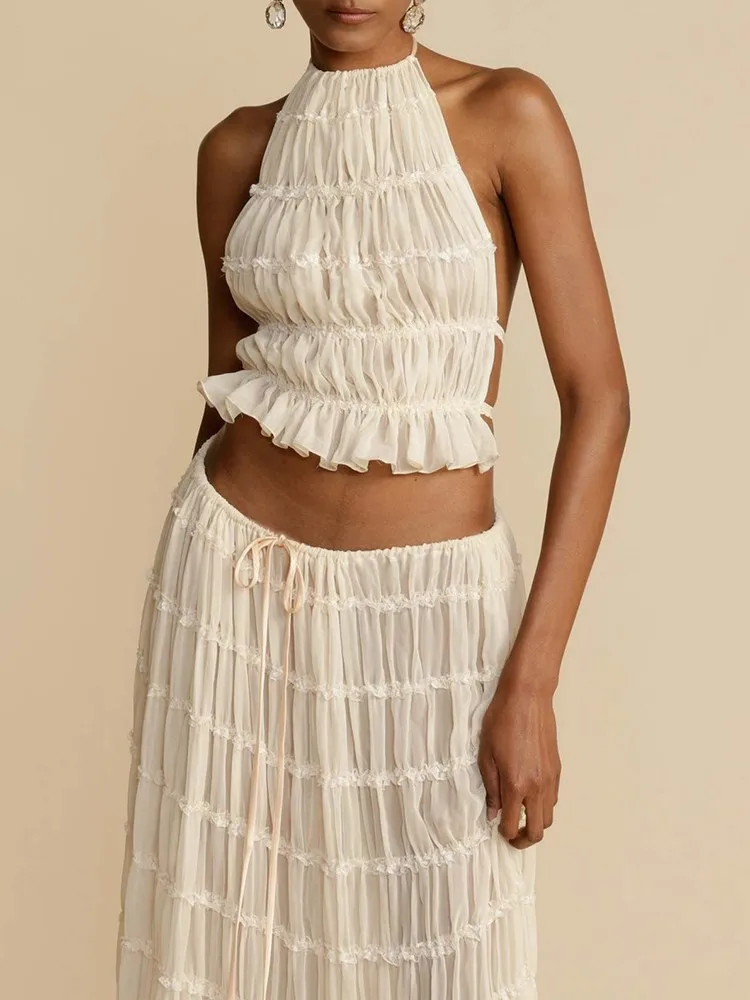 ECR Sexy Two Piece Sets For Women Round Neck Sleeveless Backless Tops High Waist Minimalist Skirt Casual Set Female Clothing New