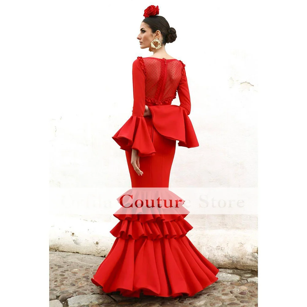 Gypsy Dancing Dress for Women Evening Red Long Sleeves Prom Party Gowns Ruffles Formal Occasion Gowns