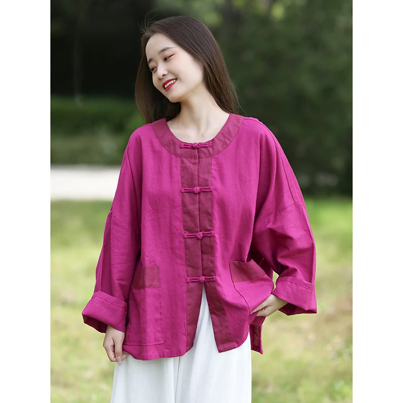 2025 New Arrival Spring Loose O-neck Long Sleeve Pocket Patchwork Women Blouse Casual Single Breasted Cotton Linen Shirts T09