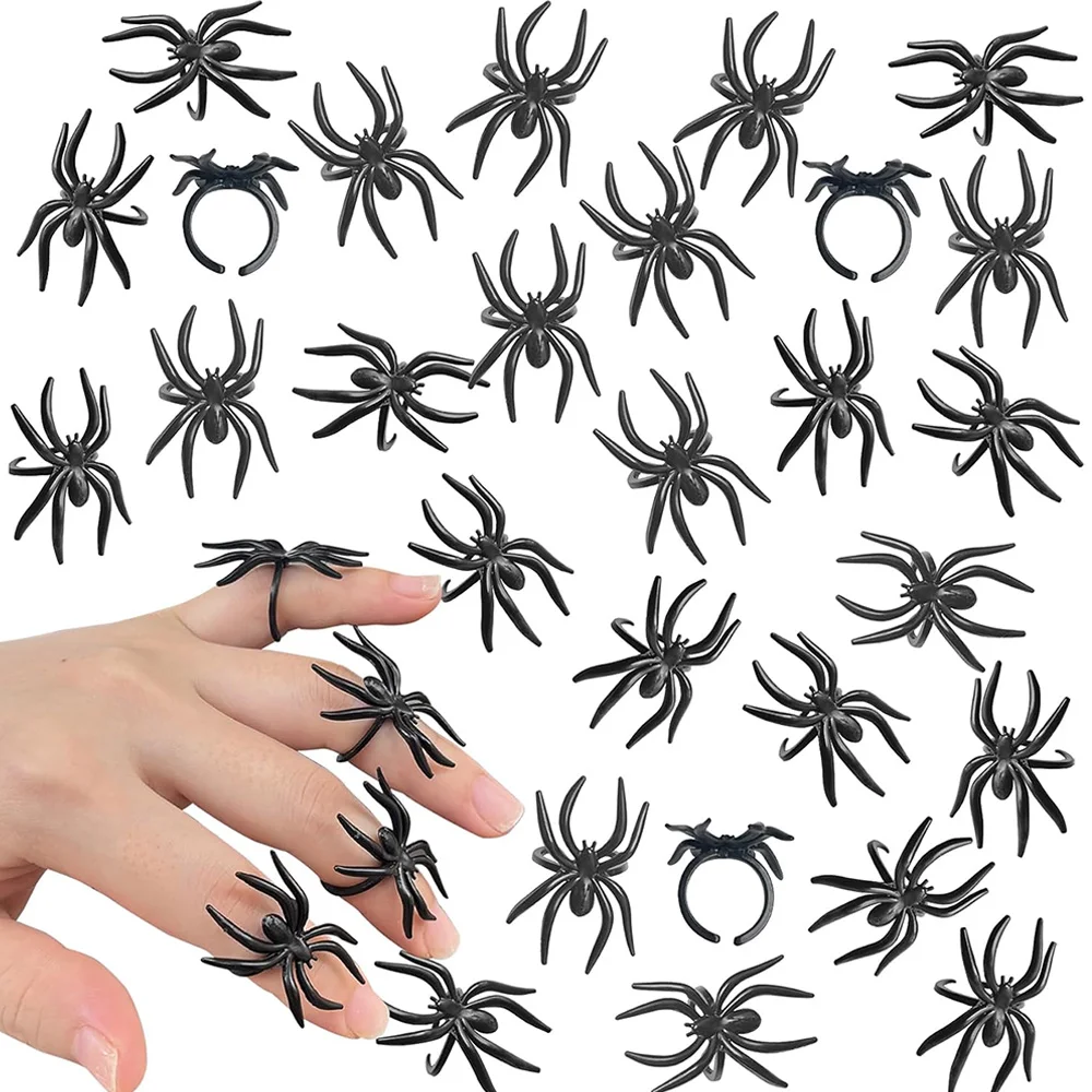 100Pcs Plastic Spider Rings Halloween Party Favors Black Spider Costume Rings for Kids Adults Trick or Treat Prank Toys