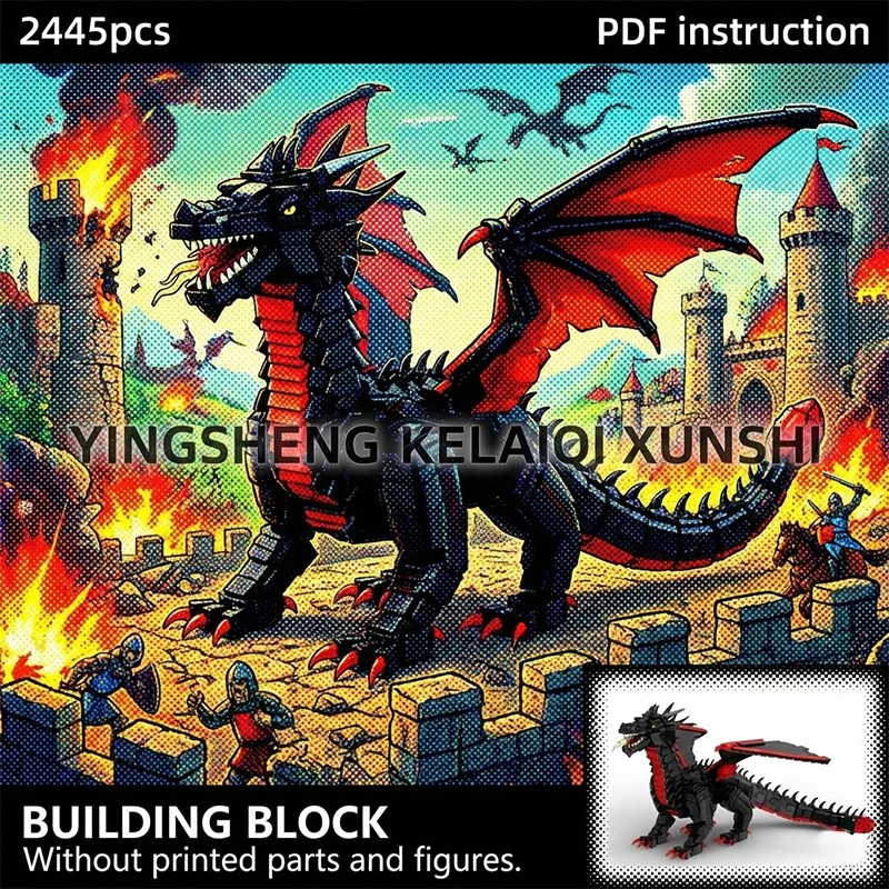 

Мифическое существо: Гигантский черно-красный огненный дракон, модель из строительных блоков MOC для 246687 moc