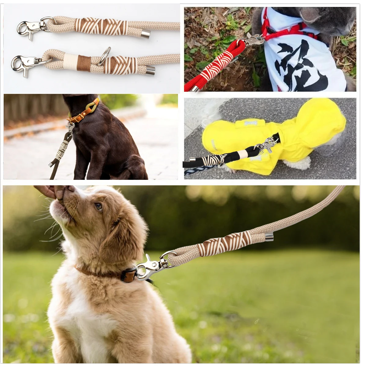 أبازيم مزدوجة مضفرة المقاود للكلاب بلون متعدد الوظائف المنسوجة يدويا المقود المشي في الهواء الطلق مع الكلاب المتوسطة والكبيرة