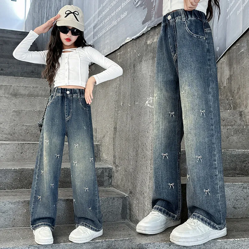 Spring Girls Jeans Kids Pants Wide-Leg trousers Side Spliced Letters Flowers Children jeans Light Blue Denim Pants 3 -14 Years