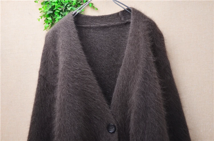 Ladies Women Autumn Winter Hairy Angora Rabbit Hair Knitted V-Neck Long Sleeves Short Style Loose Cardigans Sweater Jacket Pull