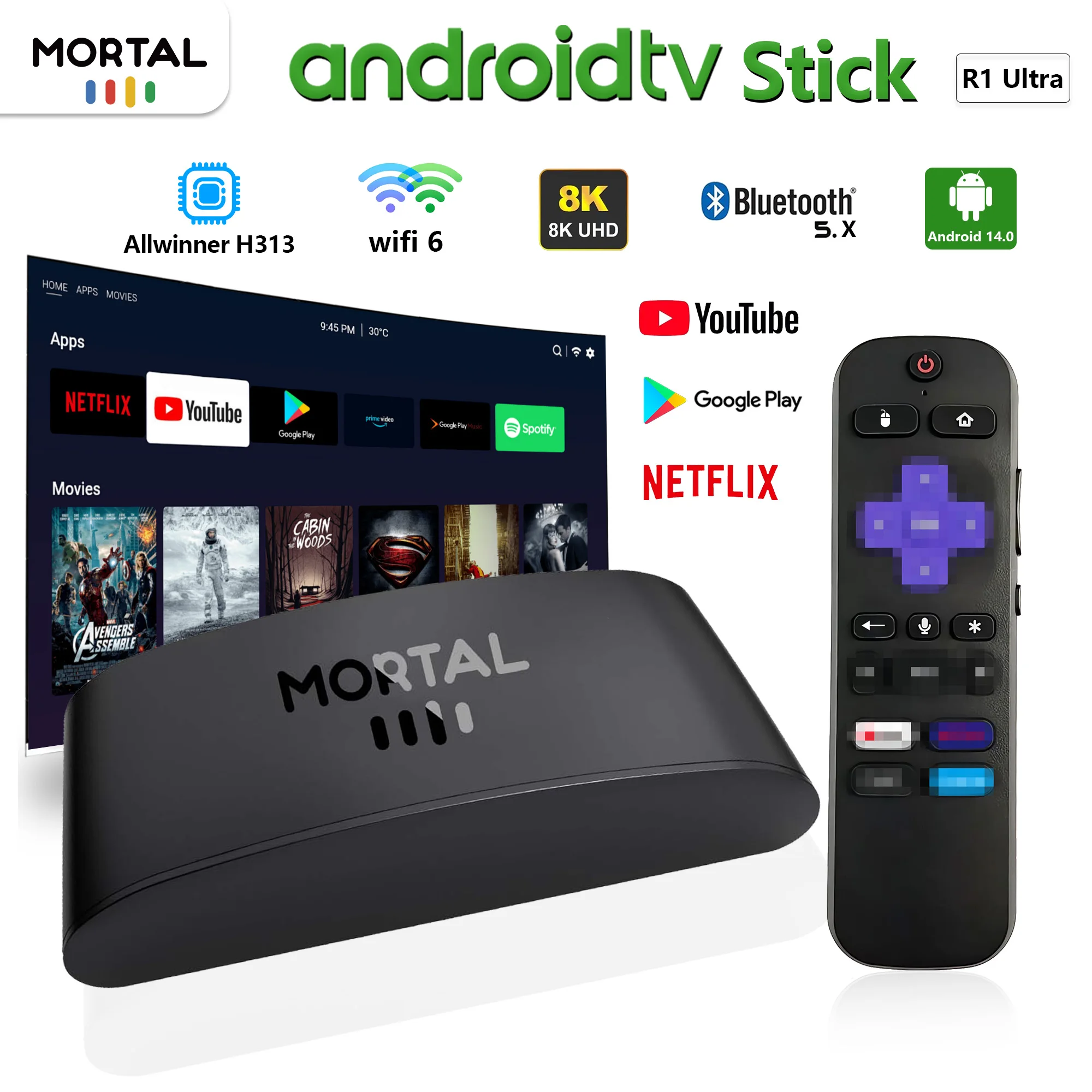 

Mortal R1 Ultra Stick Android 14.0 2GB 16GB Allwinner H313 Good price Mini 2.4G 5G Wifi BT 5.0 1080P 4K TV 2G+16G TV stick box