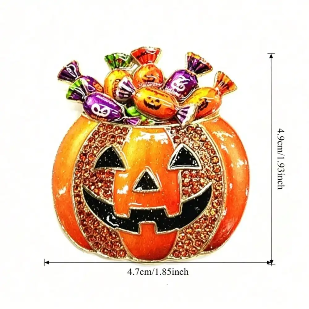 Halloween Jack-O'-Lantern Brooch With Orange Rhinestones And Enamel Candies. Fun Holiday Pin, Perfect Costume Accessory & Gift For Halloween Parties.