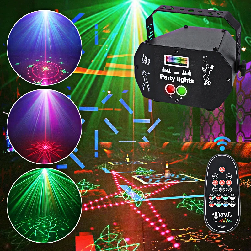HCWE 5 in 1 RGB DJ LED Laser Strobe Light Voice Control Laser Show System for Party Club Dance Floor Moving Head Stage Lights