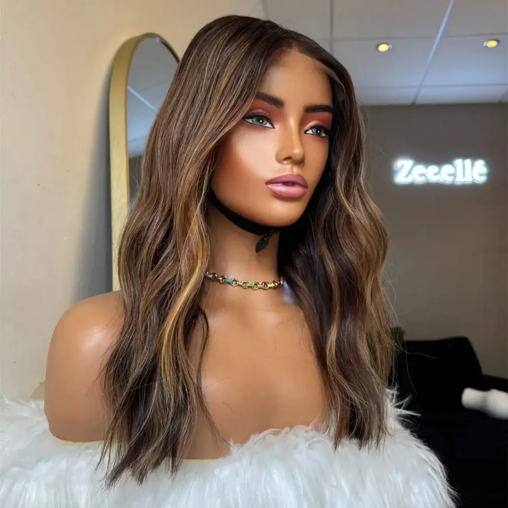 Blonde Brunette Highlighted Color Lace Front Wig Synthetic Blend Human Hair Long Wavy Hairstyle for Women Easy Daily Wear