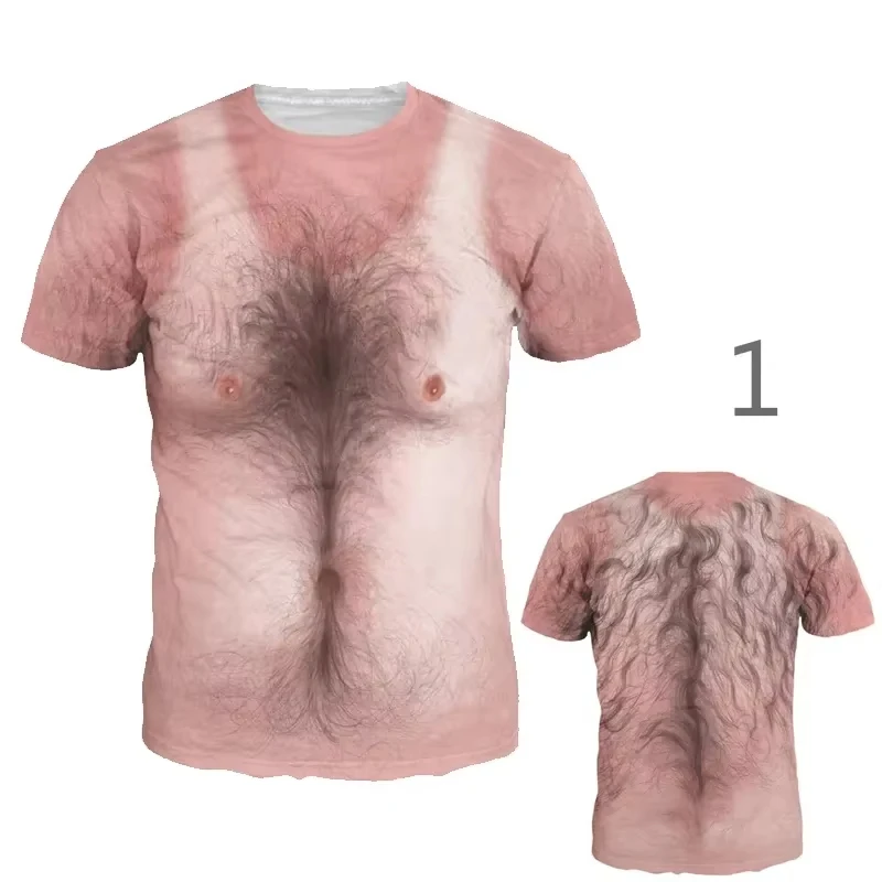2026 Summer Novelty Mens Casual Short Sleeve 3D Chest Muscle Printing Graphic T Shirt Funny Family Tops Tee