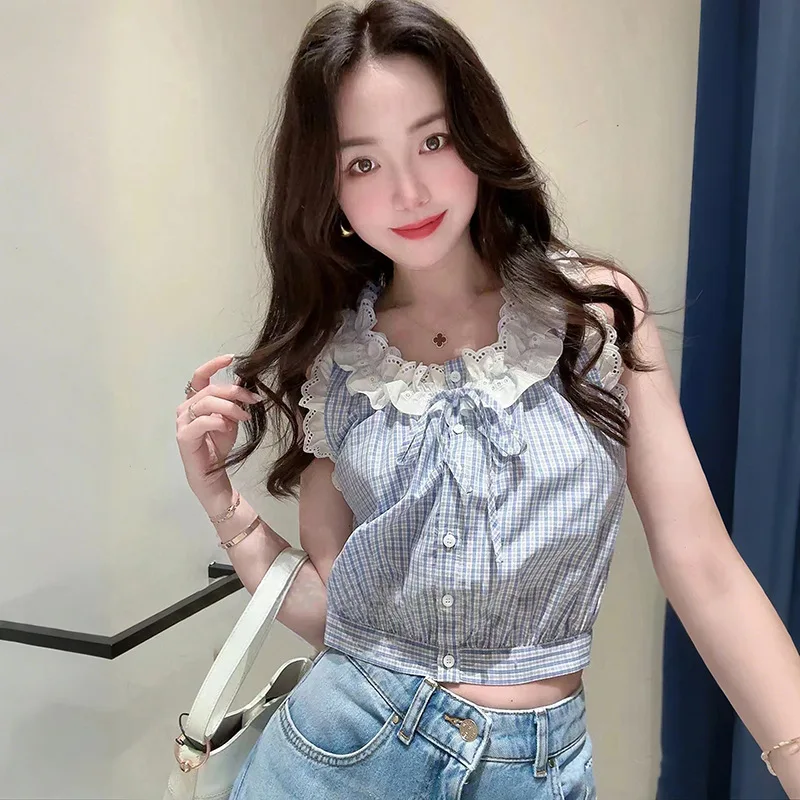 

Spring Summer 2025 Lace Trimmed Svel Waist-Cinching Crop Top Trendy Small Plaid Patterned Women's Vest Blouse