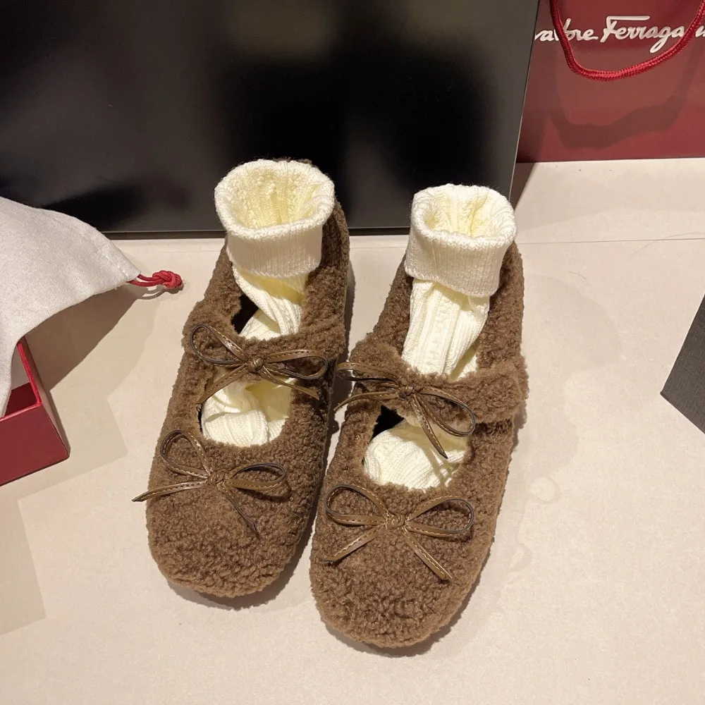 

Женские балетки из овчины с ремешком, теплые туфли Мэри Джейн на плоской подошве с плюшевой подкладкой и хрустальной пряжкой из кроличьего меха