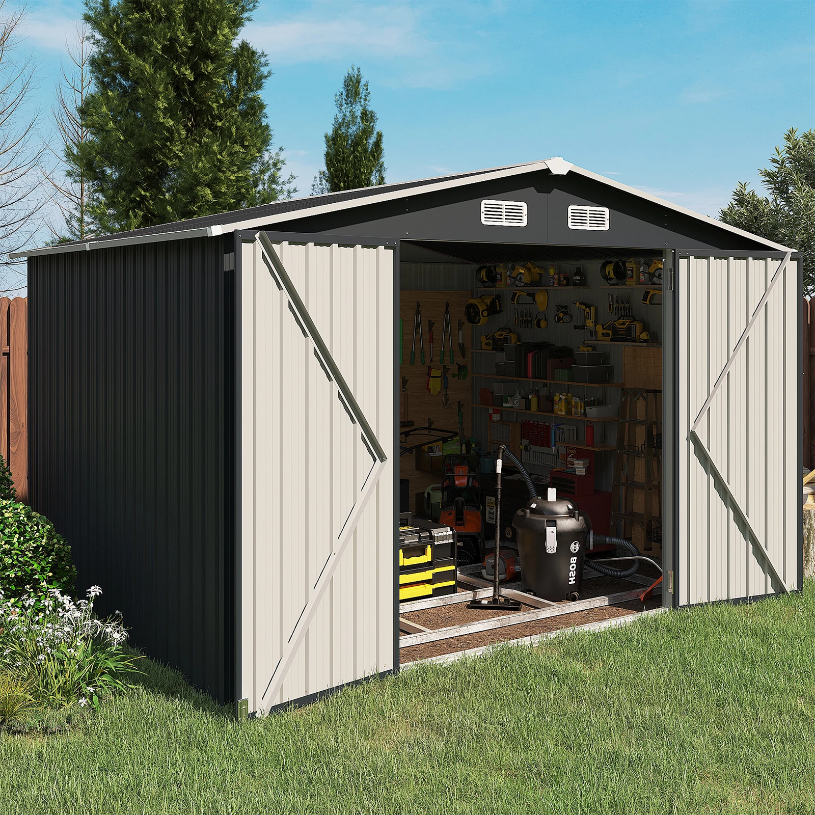 9.6’x7.8’ Outdoor Metal Storage Shed, Storage with Lockable Doors, Steel Utility Tool Shed for Garden, Patio, Backyard and Lawn