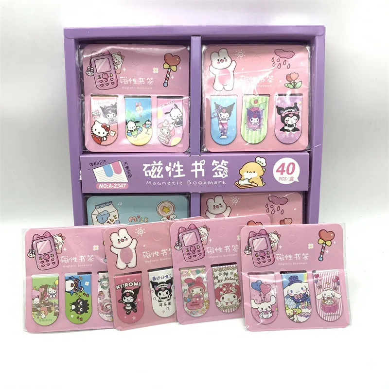 40pcs Sanrio Cartoon Cinnamoroll My Melody Magnetic Bookmark Kuromi Double-sided Bookmark Fridge Magnet Pochacco Book Holder